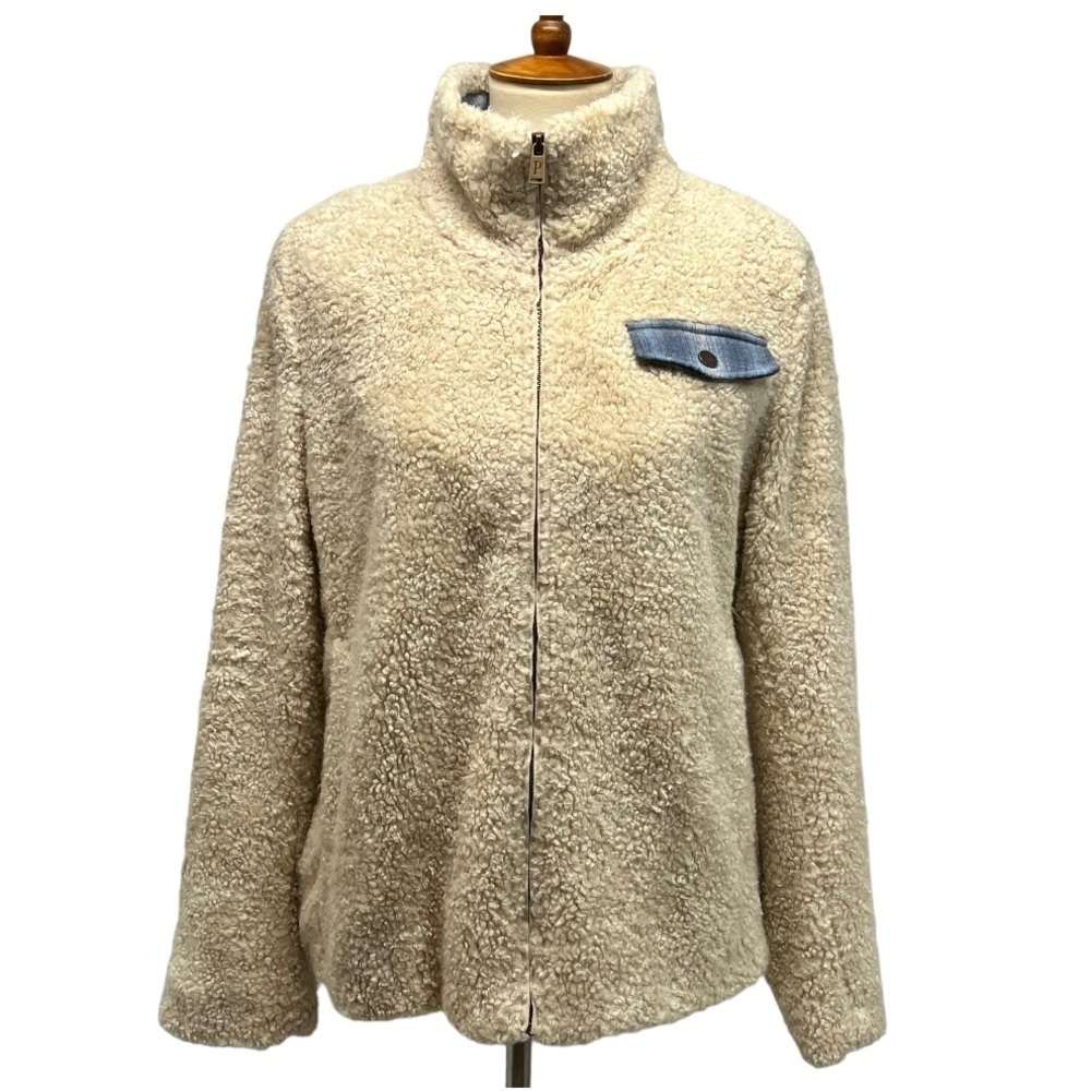 Pendleton Cream Sherpa Flannel Trim Full Zipper Teddy Coat Women’s Large - Picture 11 of 16
